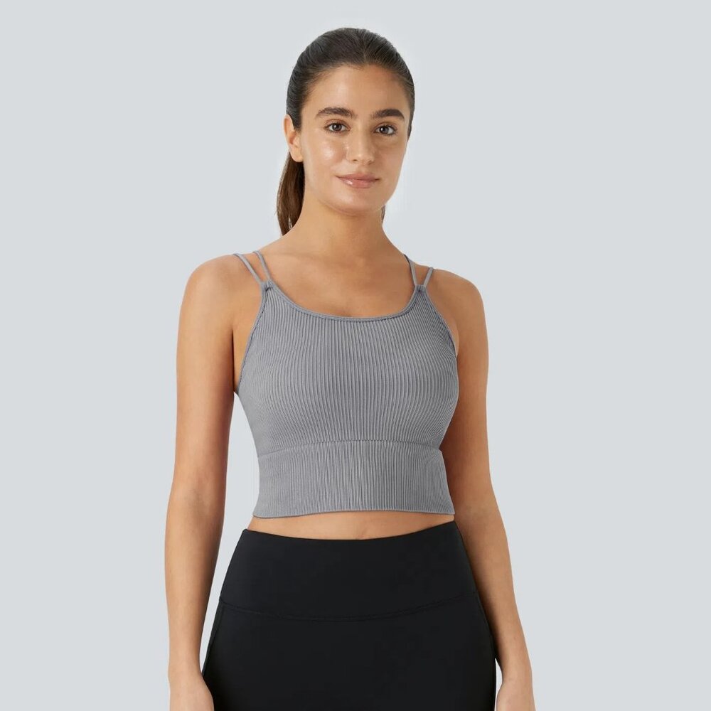 Halara- Seamless Flow Double Straps V Back Cropped Running Cami Top - Grey/M